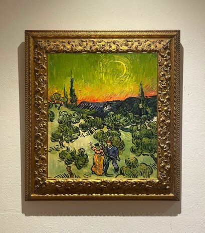 Landscape with Couple Walking and Crescent Moon framed Van Gogh reproduction